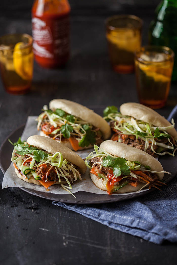 Gua bao (steamed buns) with hoisin and ginger pulled pork recipe