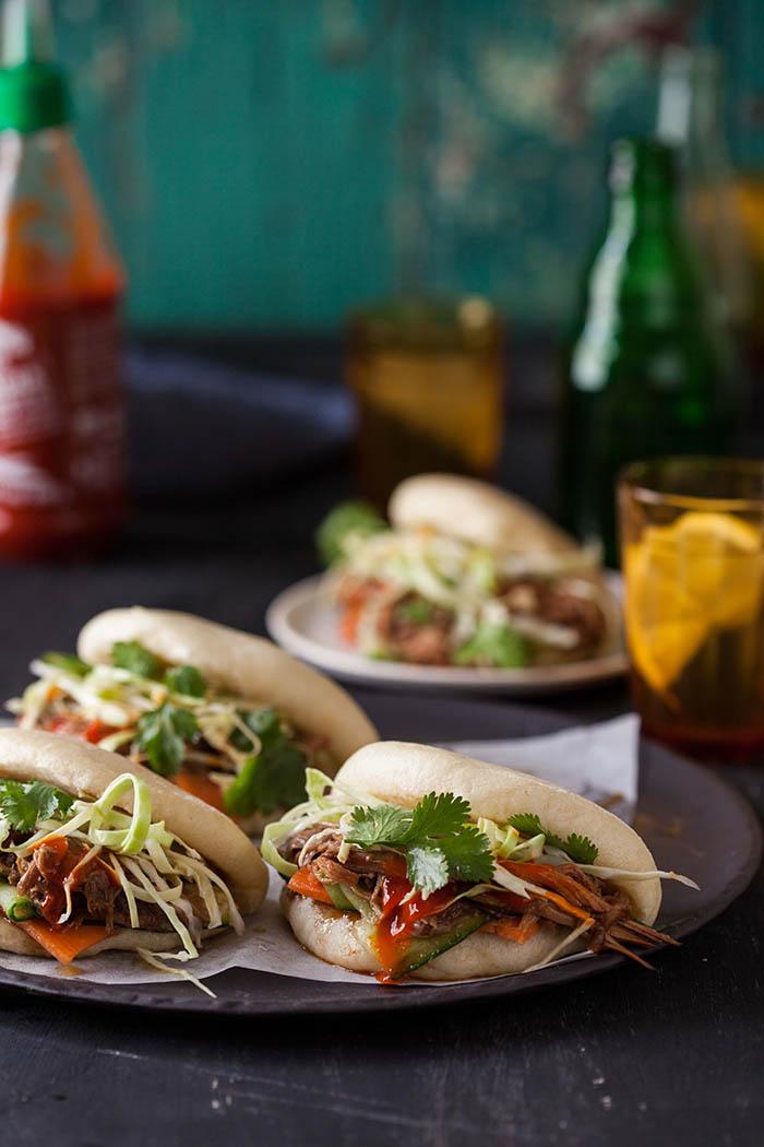 Gua bao (steamed buns) with hoisin and ginger pulled pork recipe