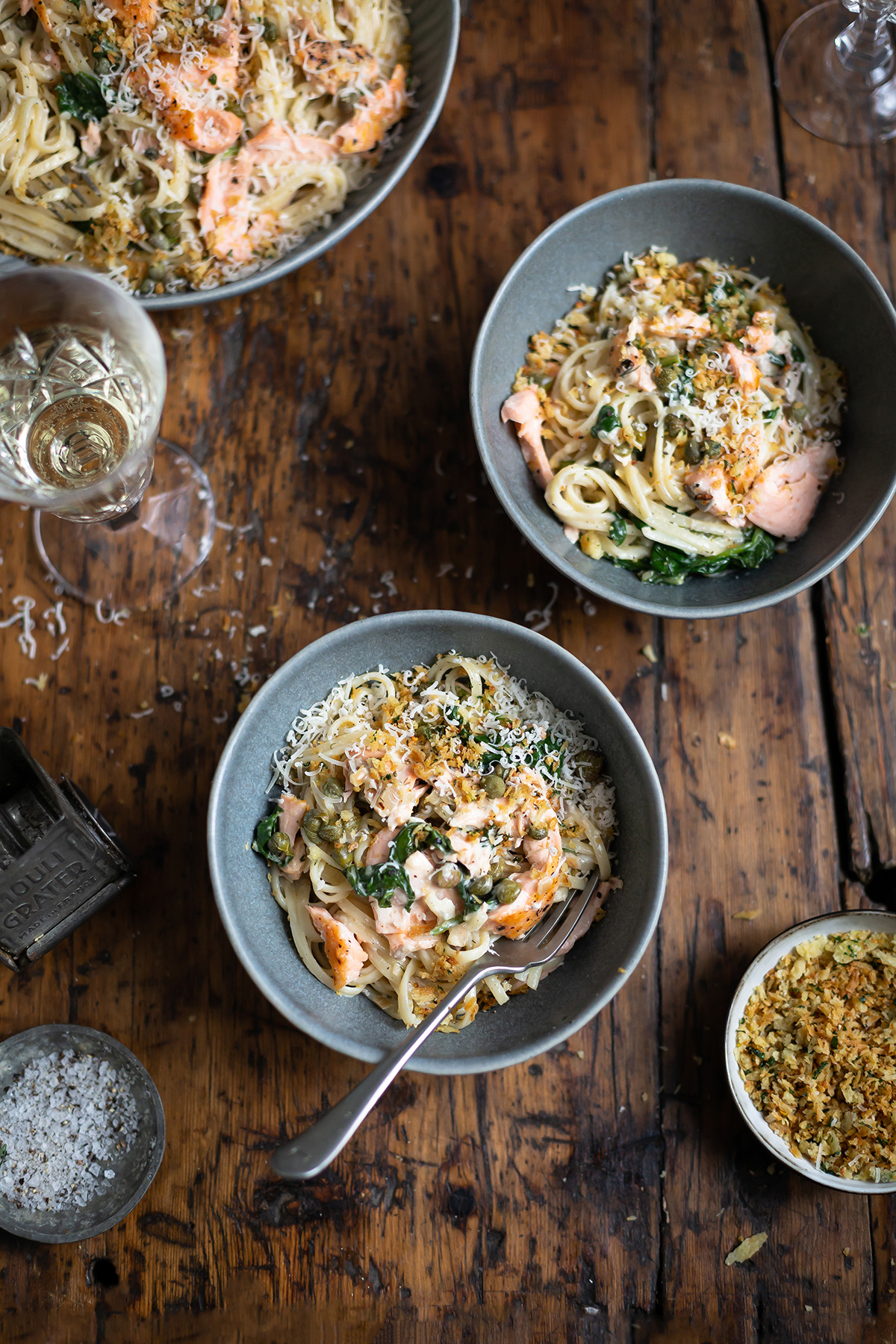 Creamy salmon pasta with spinach, capers & lemon Drizzle and Dip