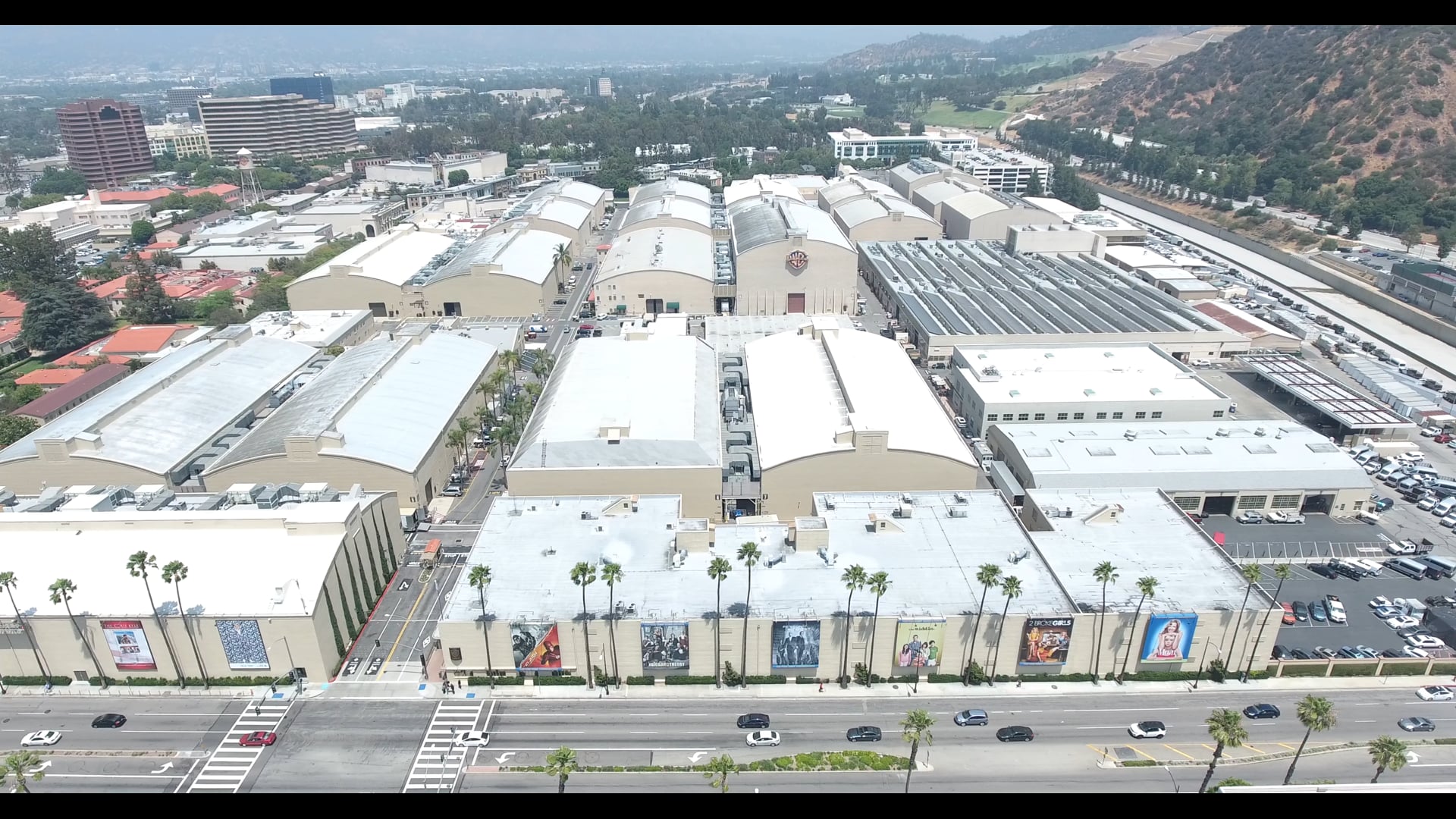 Aerial Drone Footage of Warner Bros. Studio Stage Buildings 1