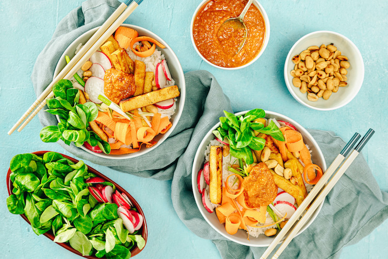 Tofu Satay Donburi Rice Bowl DropChef