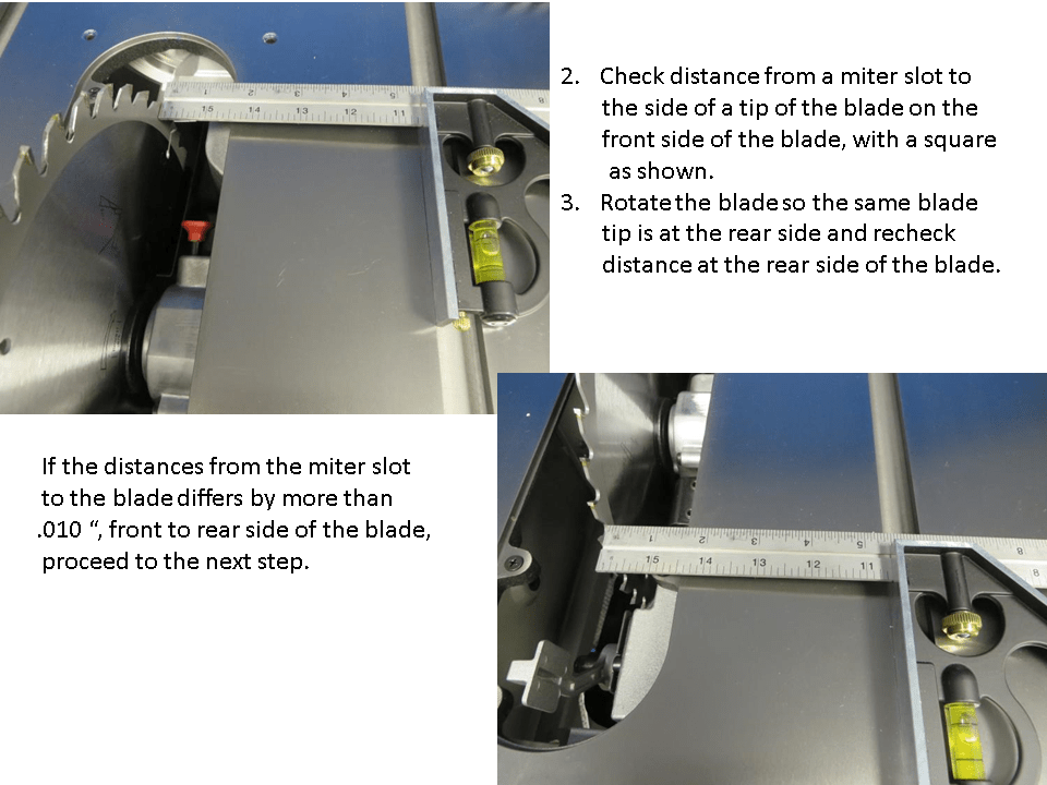 Delta 36725 Blade alignment to miter slot