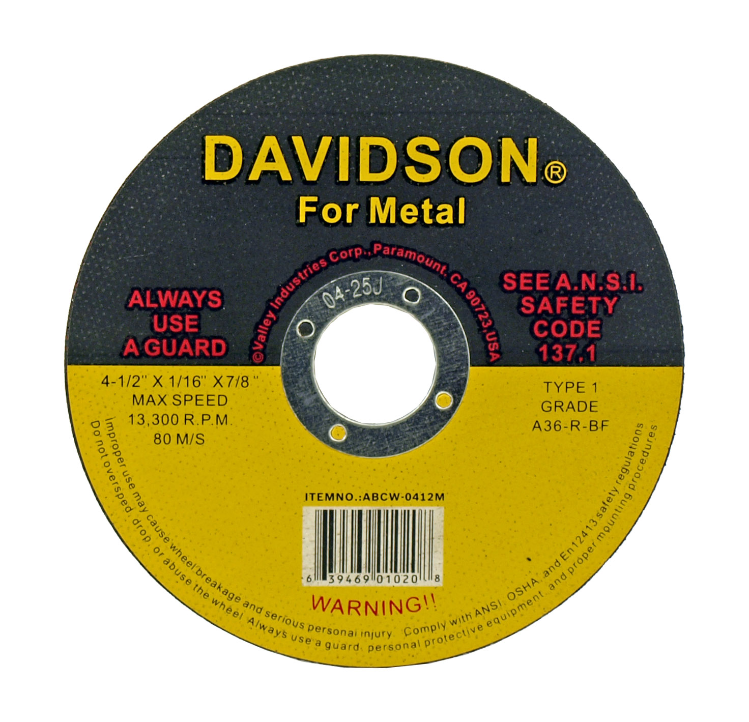 4.5" Davidson Metal Grinding Wheel Valley Industries ABCW0412M