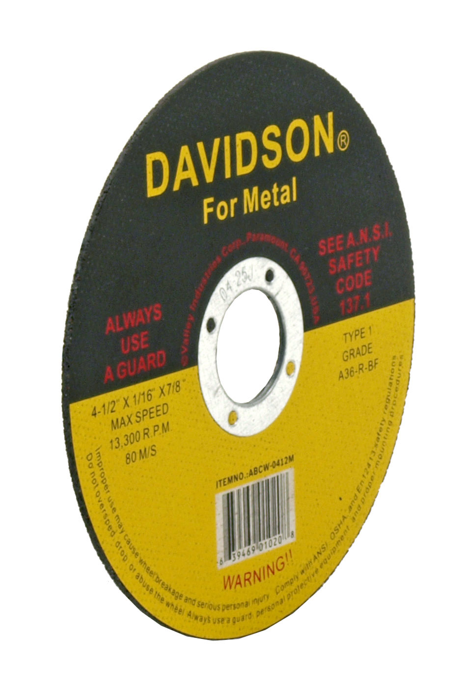 4.5" Davidson Metal Grinding Wheel Valley Industries ABCW0412M