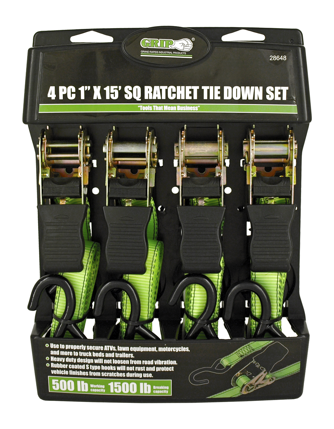 4 pc. 1" x 15' SQ Ratchet Tie Down Set Grip