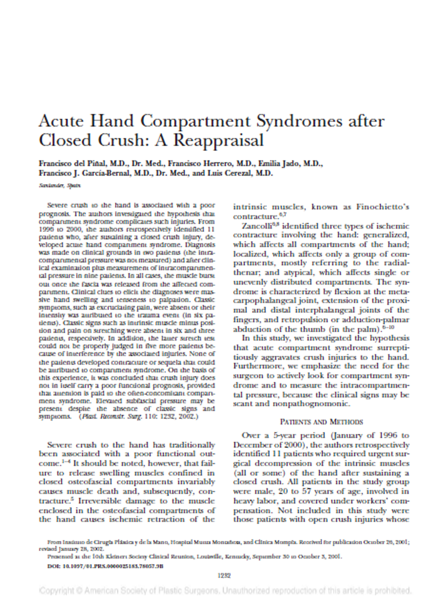 Acute Hand Compartment Syndromes after Closed Crush A Reappraisal Dr