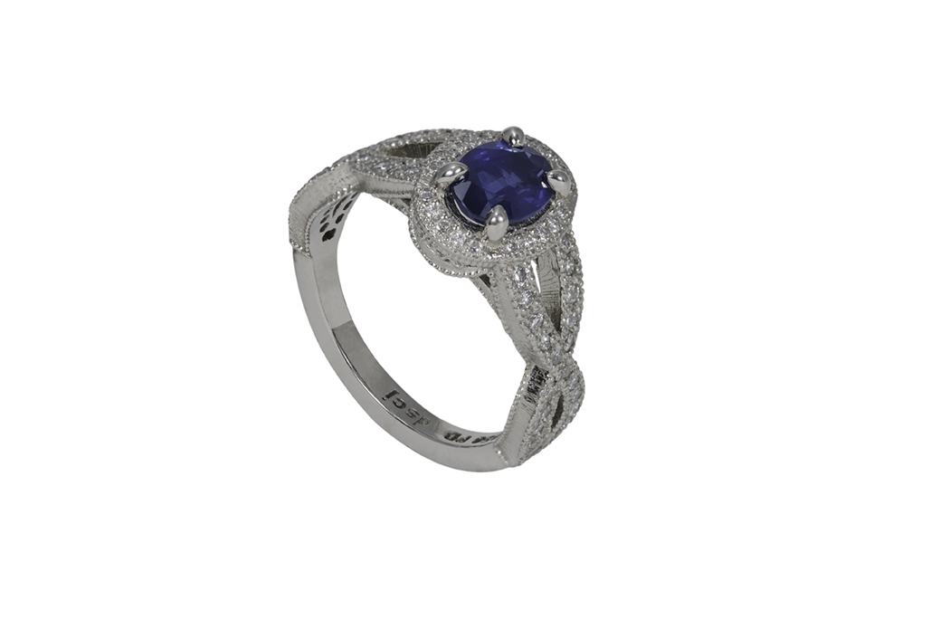 Sapphire with diamond weave in palladium Drue Sanders Custom Jewelers