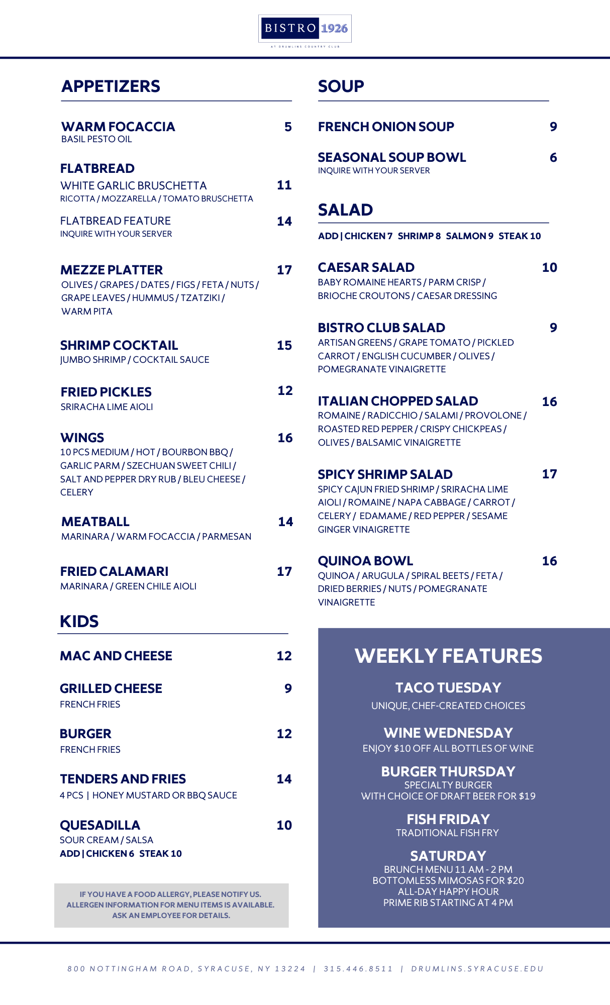 Menu Drumlins Syracuse University