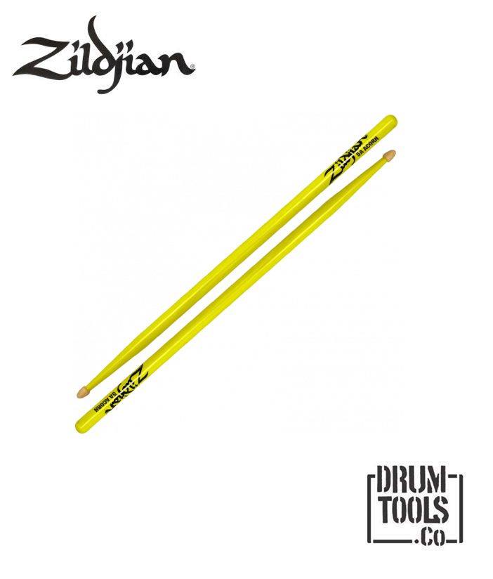 Zildjian 5A Acorn Neon Yellow Drumsticks Wood Tip Drum Tools Co