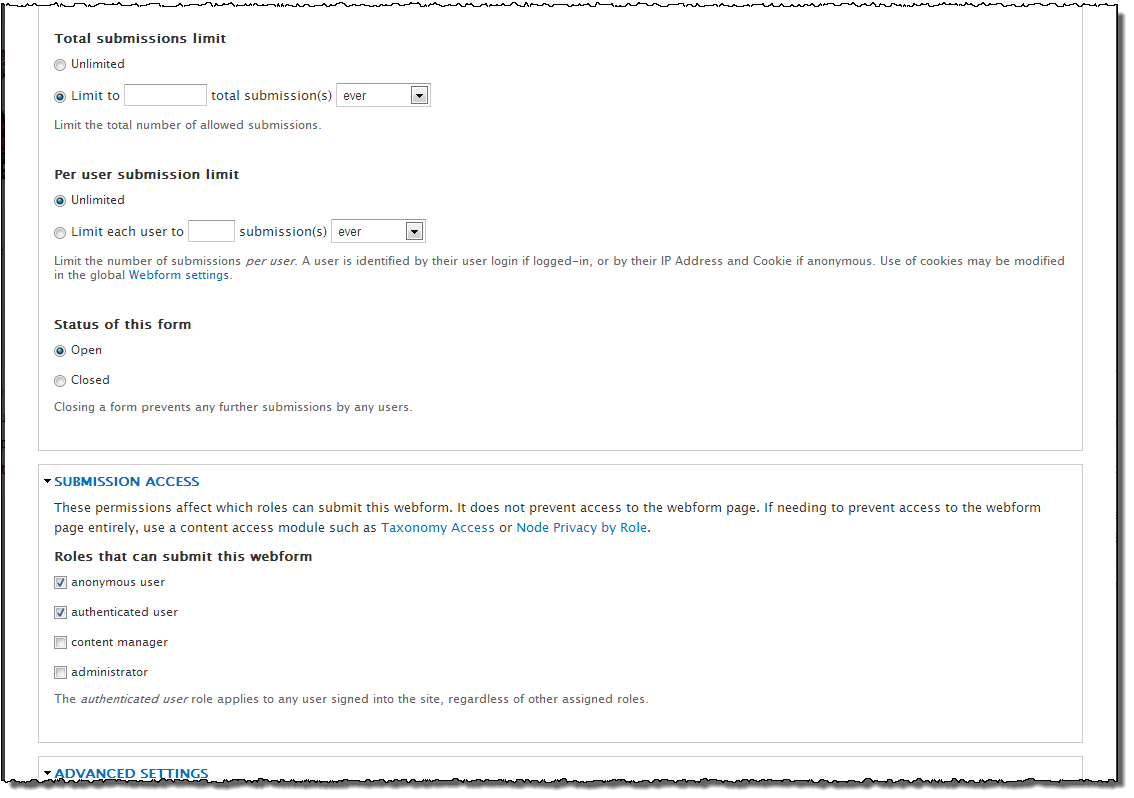 How do I manage the form submission access, confirmation message, and