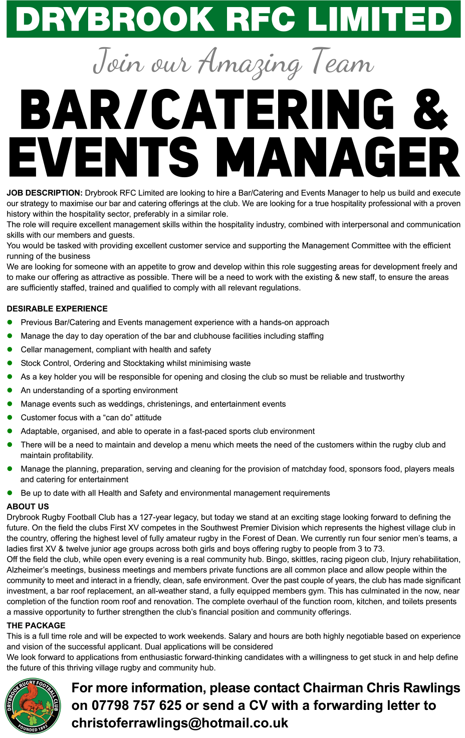 Bar/Catering & Events Manager « Drybrook Rugby Club