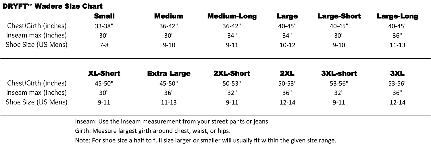 Sizing Charts - DRYFT™ Fishing Waders