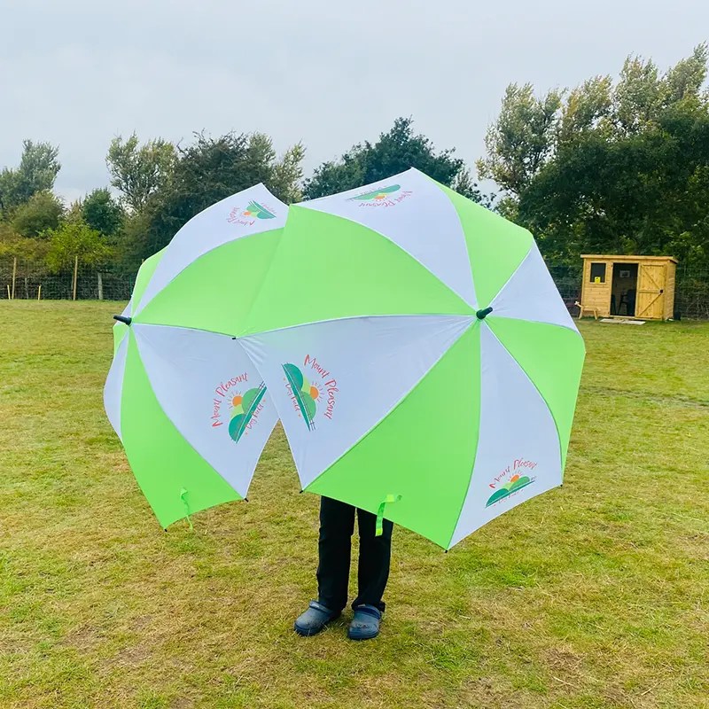 Custom printed umbrella branded Bright green & white No minimum