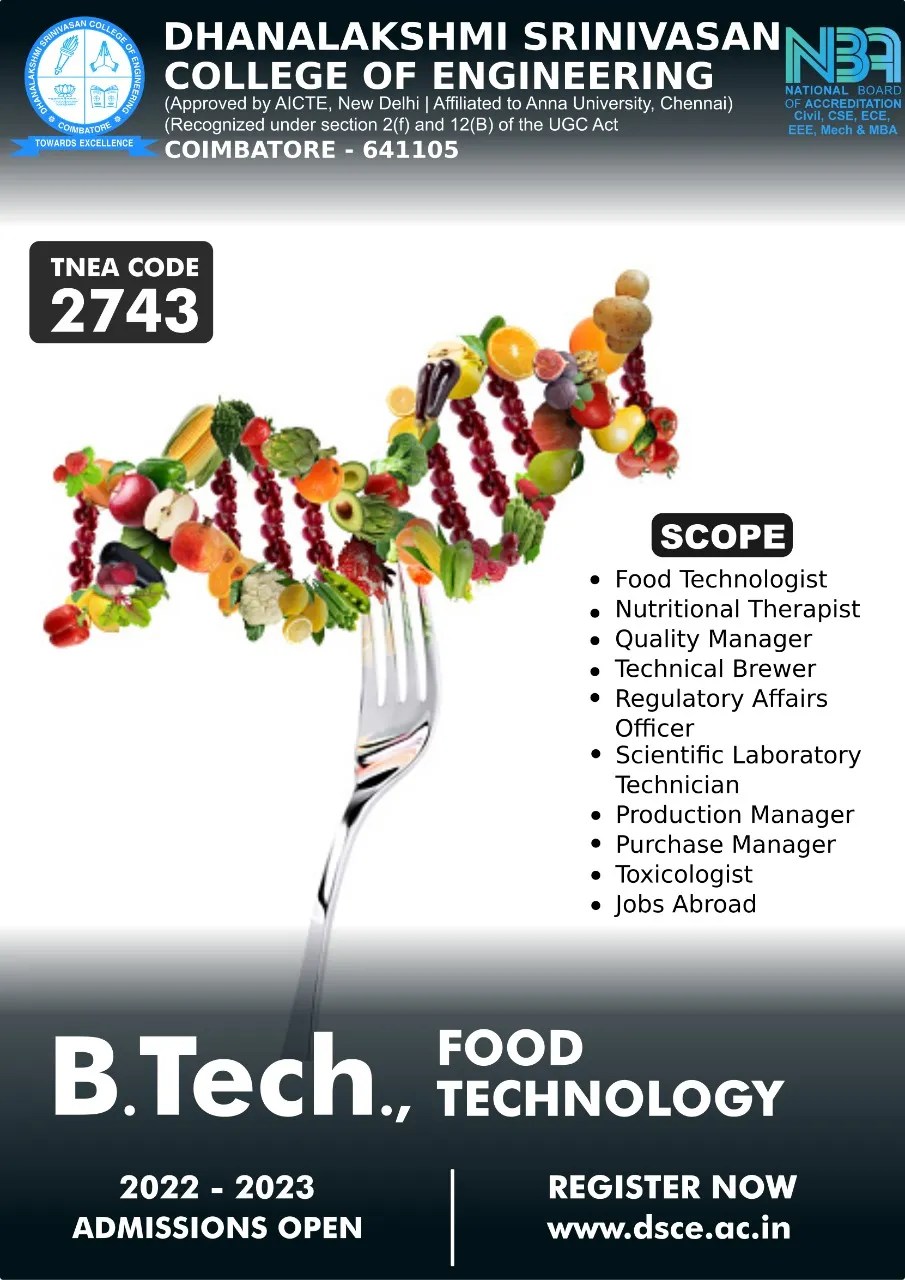 ADMISSIONS OPEN 202223 B.Tech., FOOD TECHNOLOGY DSCE