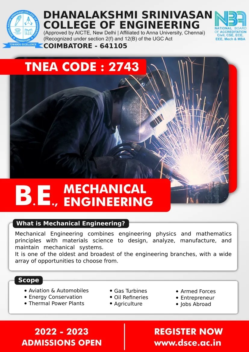 ADMISSIONS OPEN 202223 B.TECH.,MECHANICAL ENGINEERING DSCE