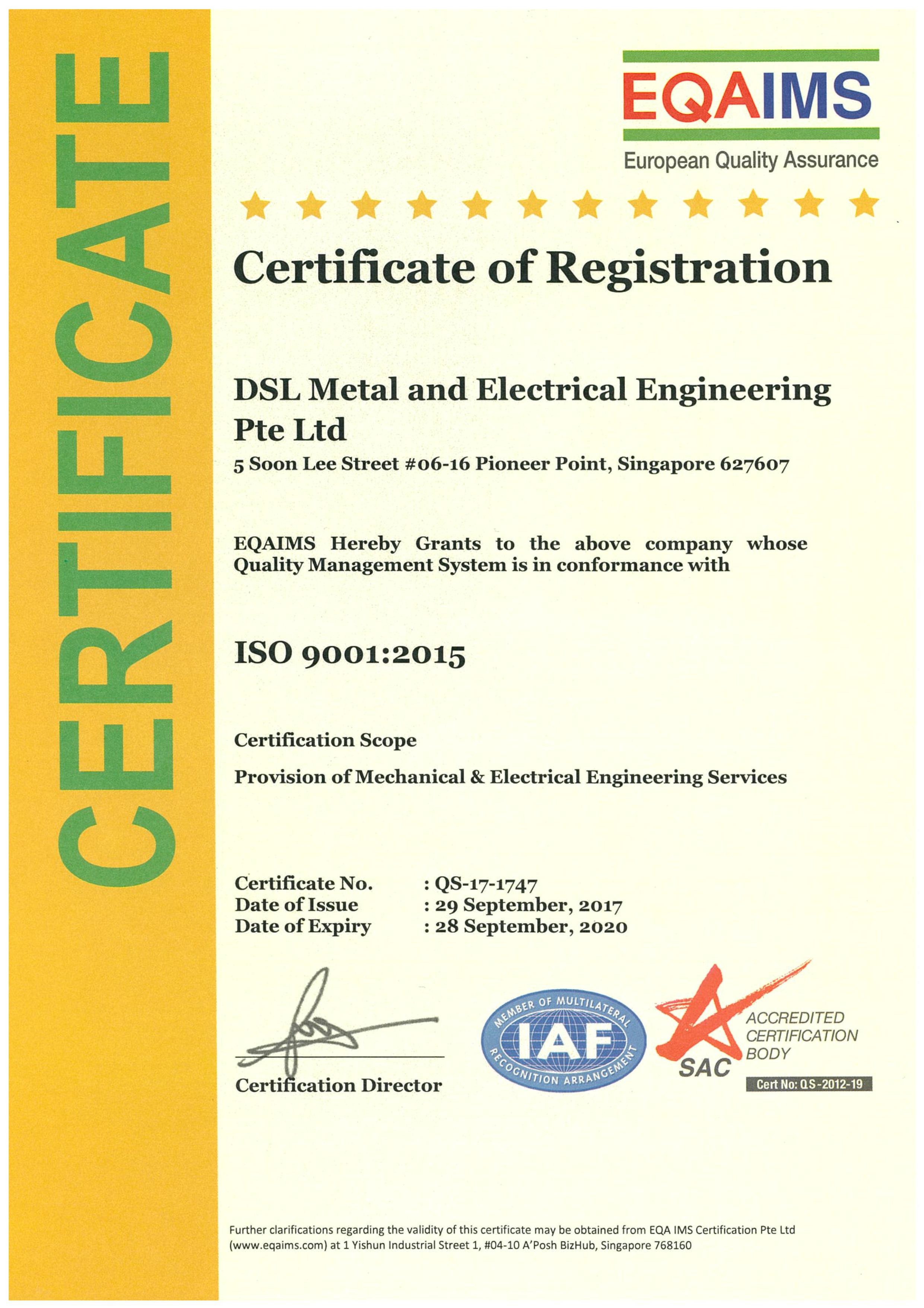 Accreditation DSL Metal and Electrical Engineering Pte Ltd