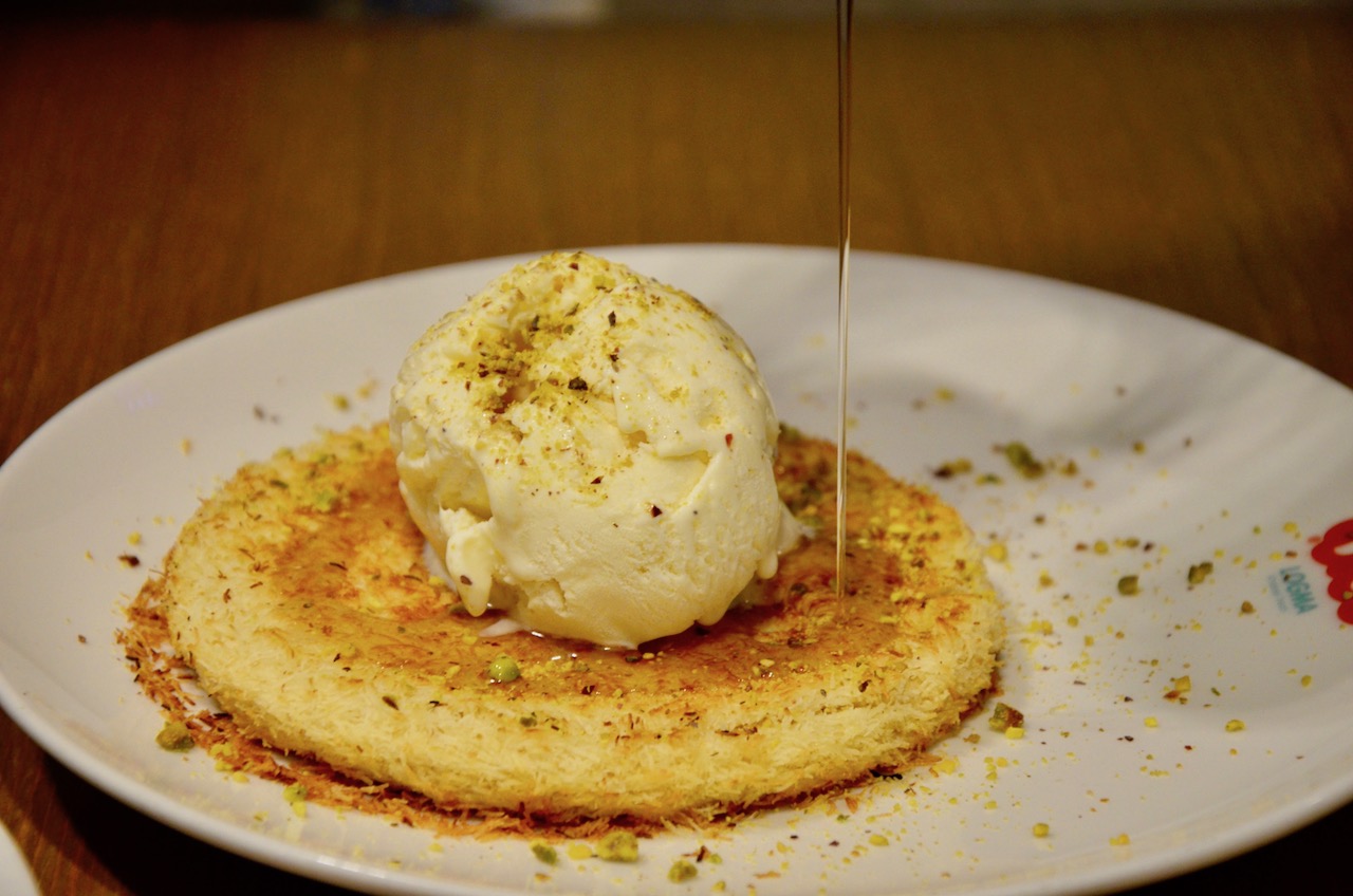 Cheese Kunafa AED 34 topped with vanilla ice cream, pistachio and