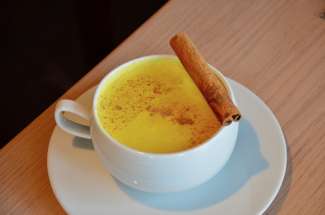 Creamy turmeric latte AED 32 whole fat milk, vanilla almond milk