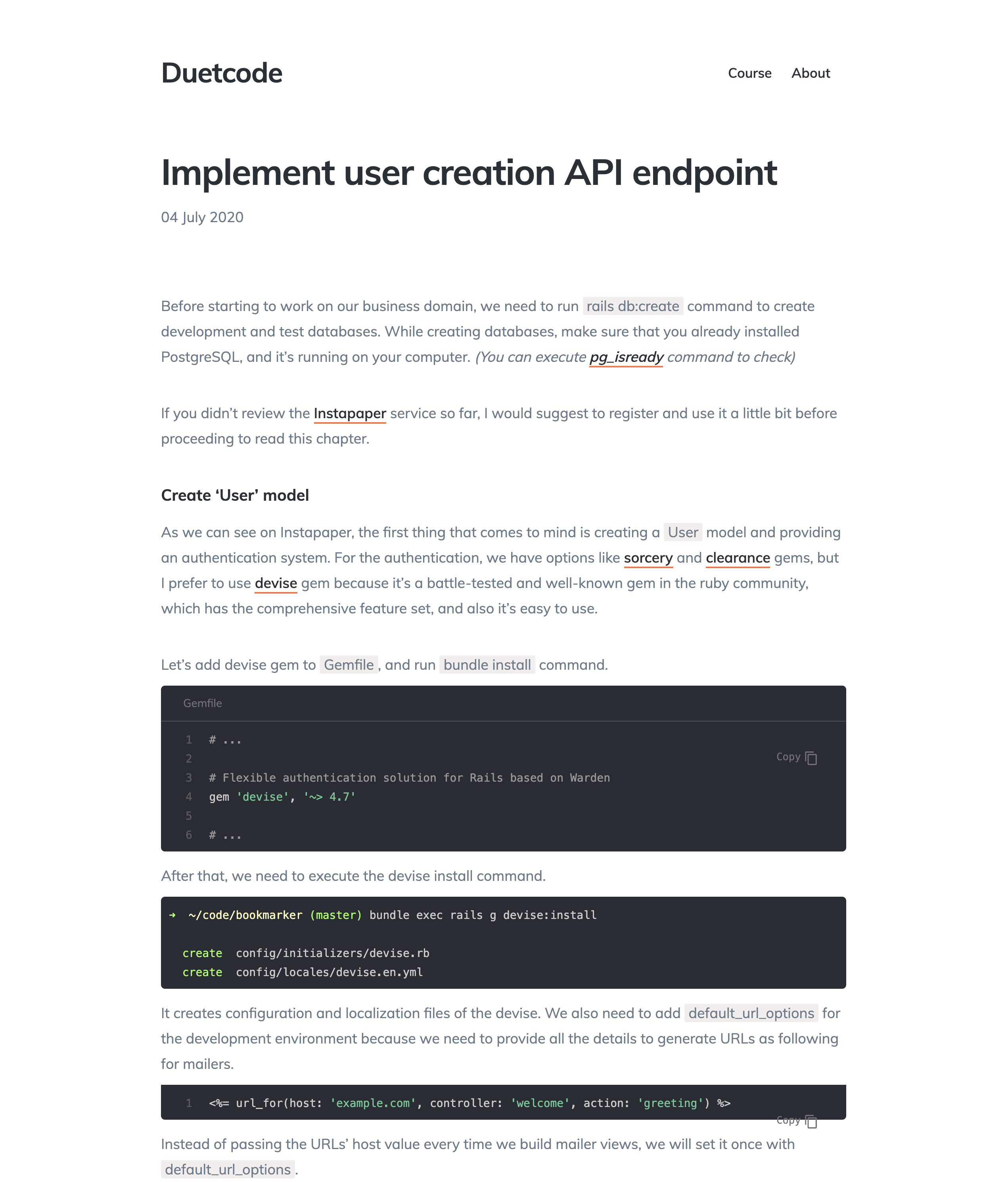 Implement user creation API endpoint Duetcode
