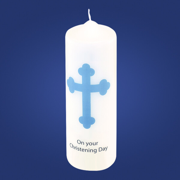 Printed Blue Cross Baptism Candle White Duffy Scott Candlemakers