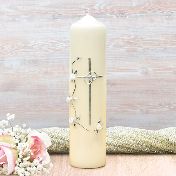 Cross with White Roses Wedding Candle Silver Design & Ivory Candle