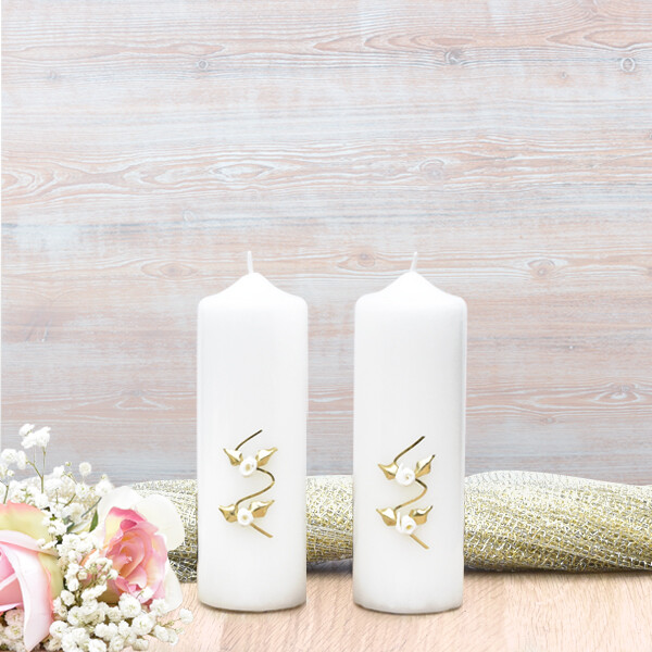White Roses Wedding Side Candle Set Gold Design & White Candle Duffy