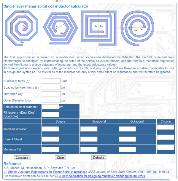 Single layer Planar spiral coil inductor calculator duino