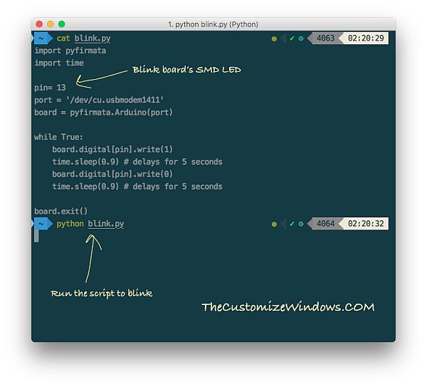 Blink led example arduino with python duino
