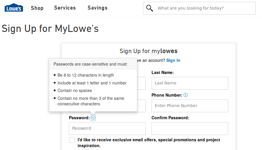 Lowes Dumb Password Rules