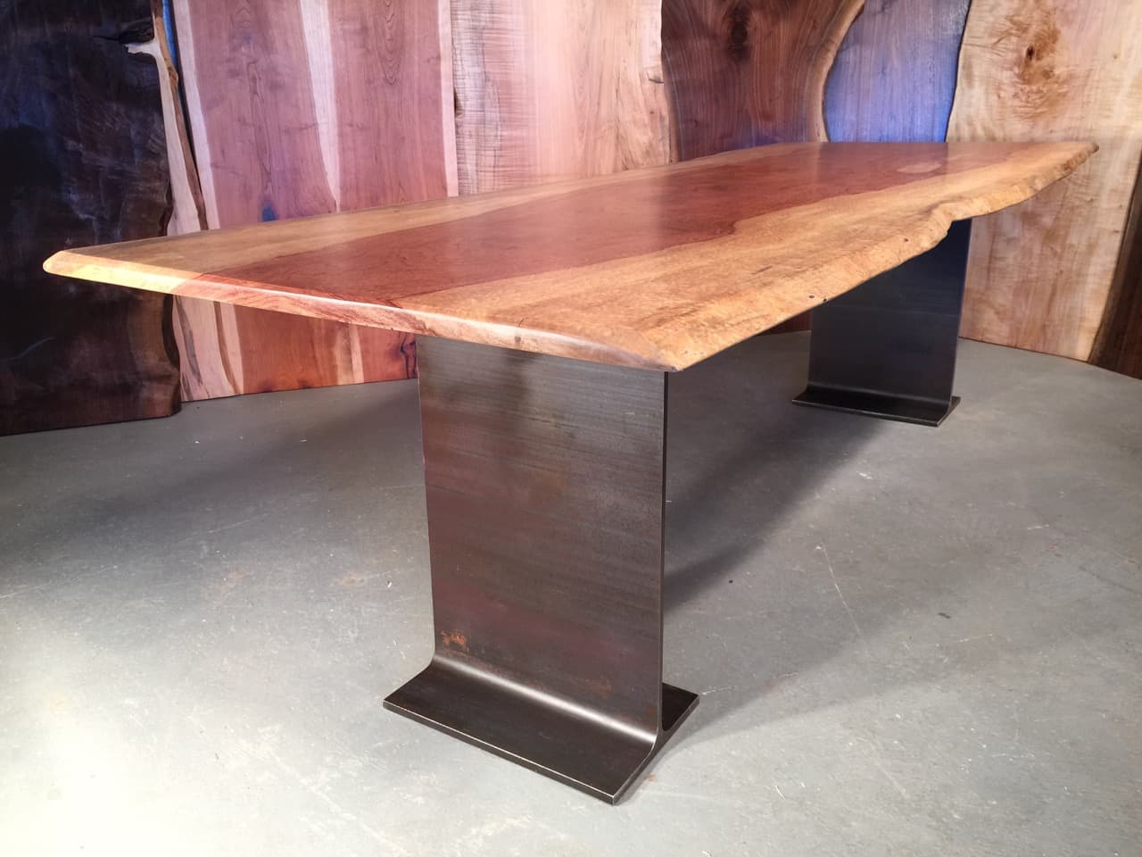 Bubinga Slab Custom Dining Table Salvaged Steel Base
