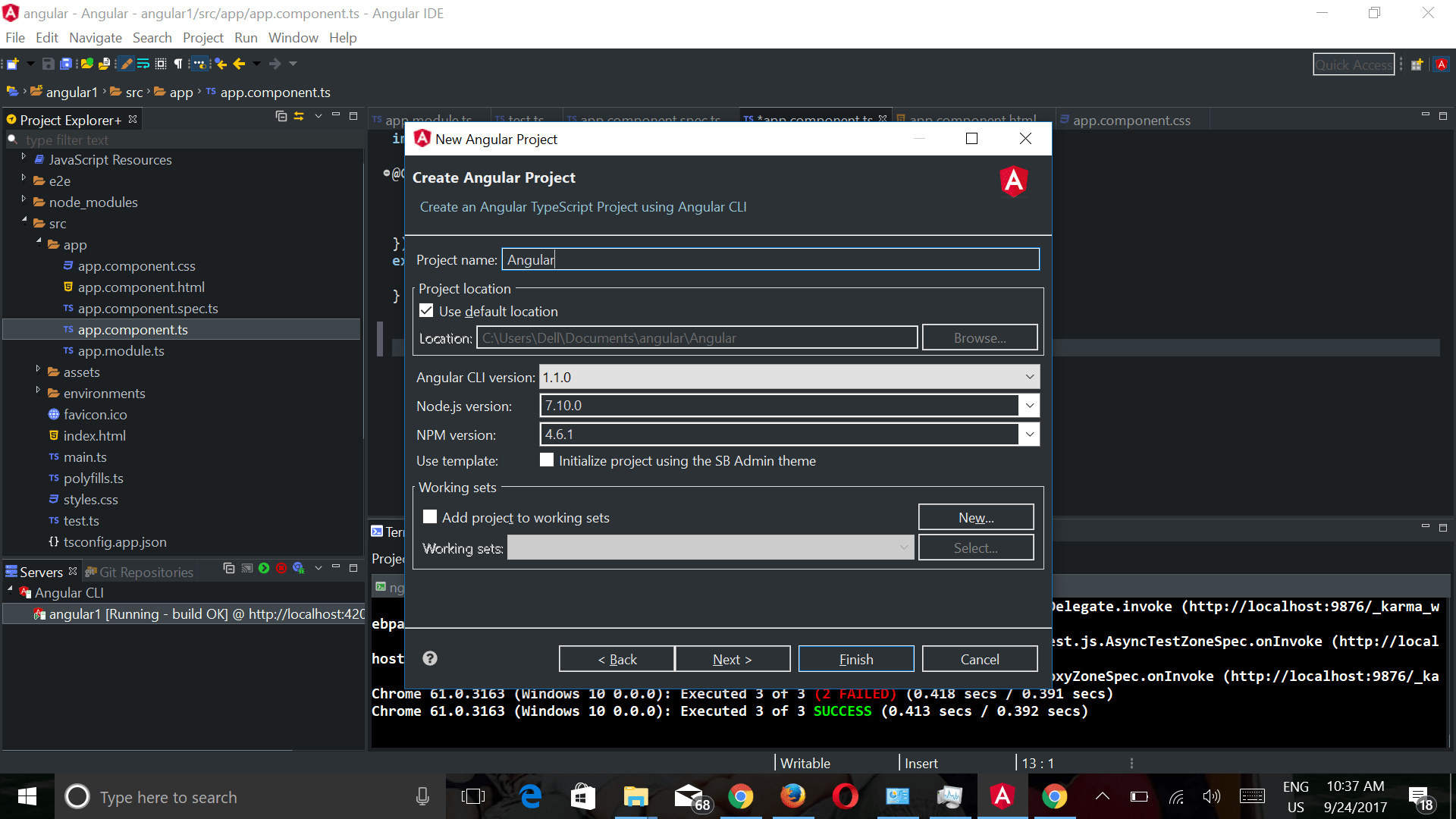Testing of Angular 4 apps using Angular IDE Dunebook