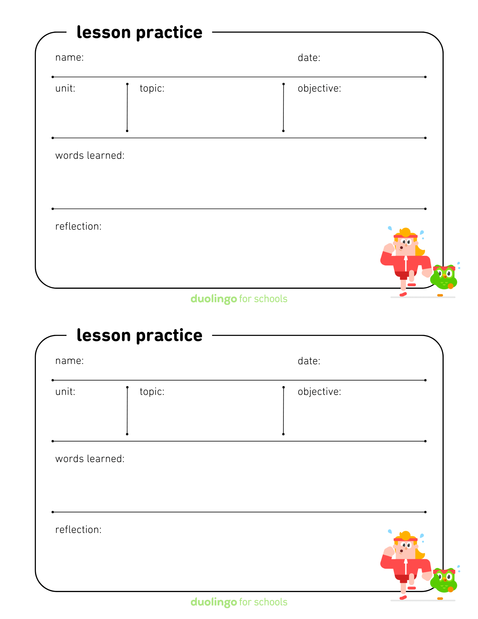 Lesson practice sheet Duolingo for Schools