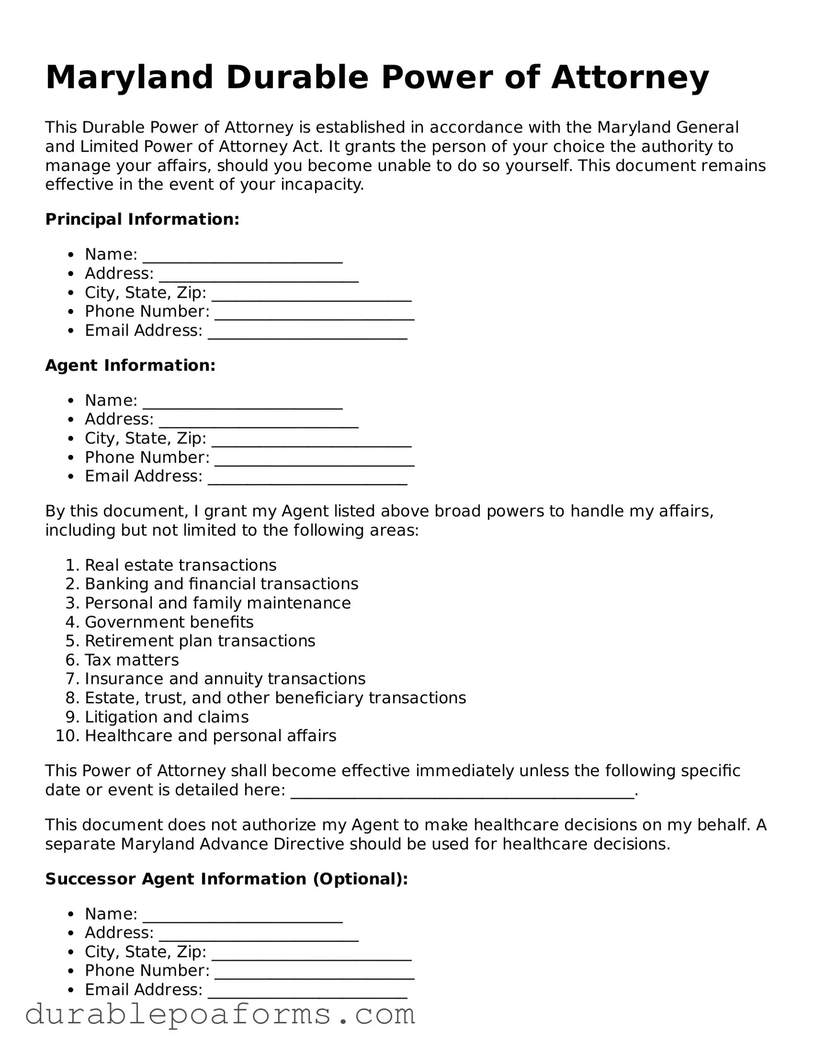 Printable Maryland Durable Power of Attorney Form Durable Power of(09)