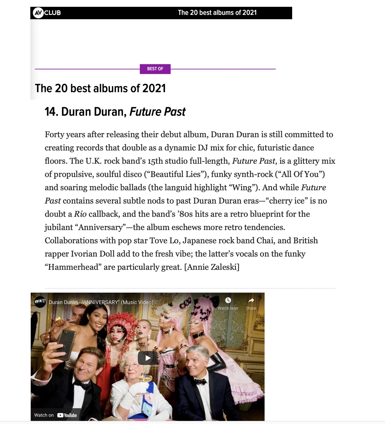 A.V. Club's Top 20 of 2021 Duran Duran