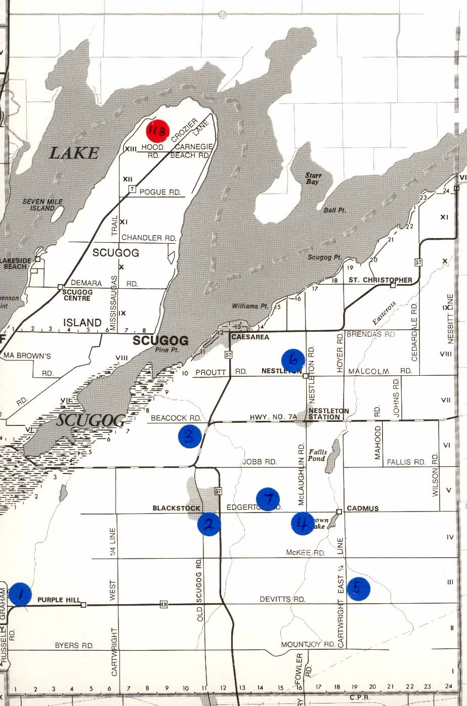 Map of Scugog Township (East Section) with Cemeteries Marked
