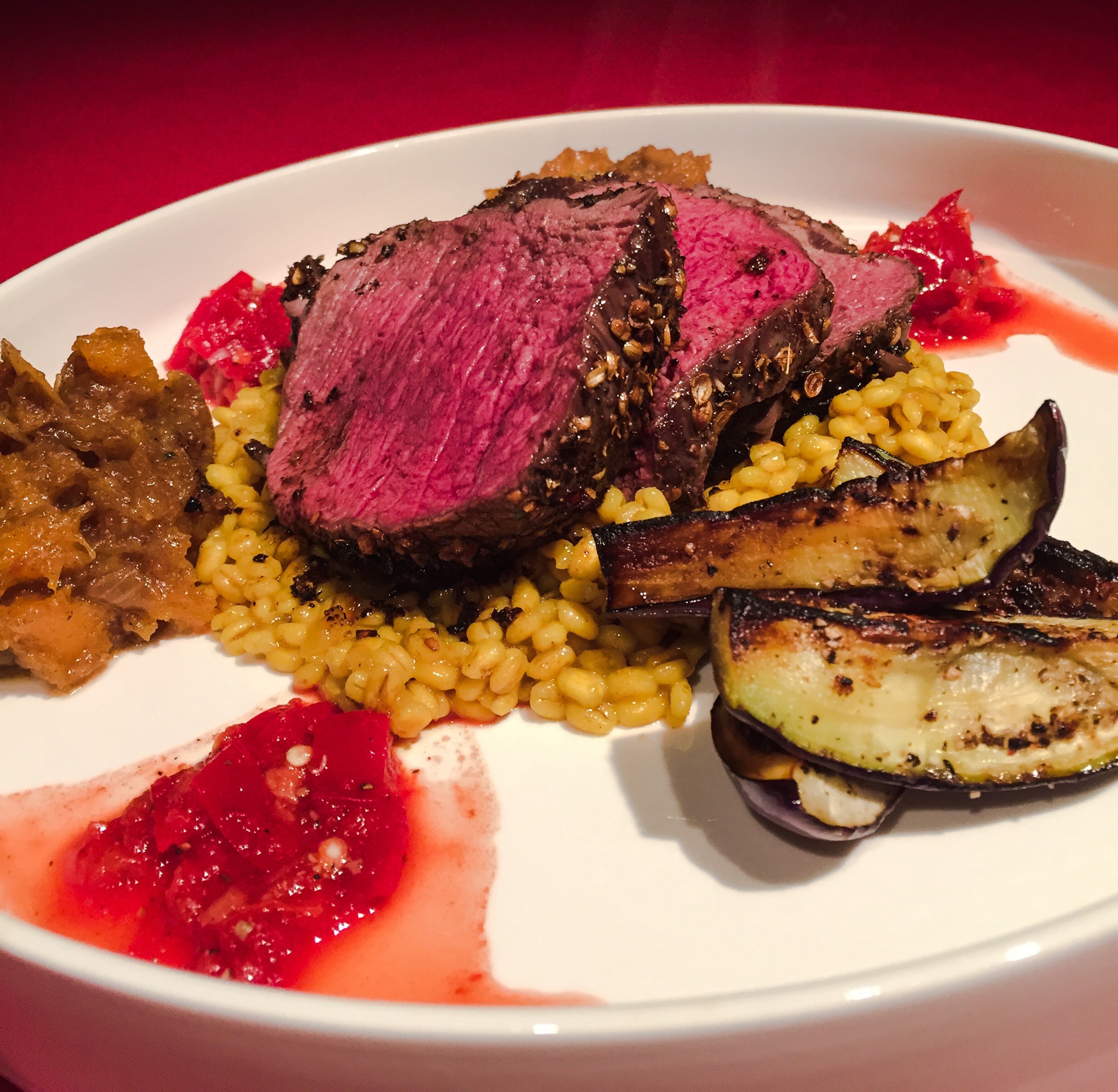Biltong Spiced Elk Loin Barley Risotto