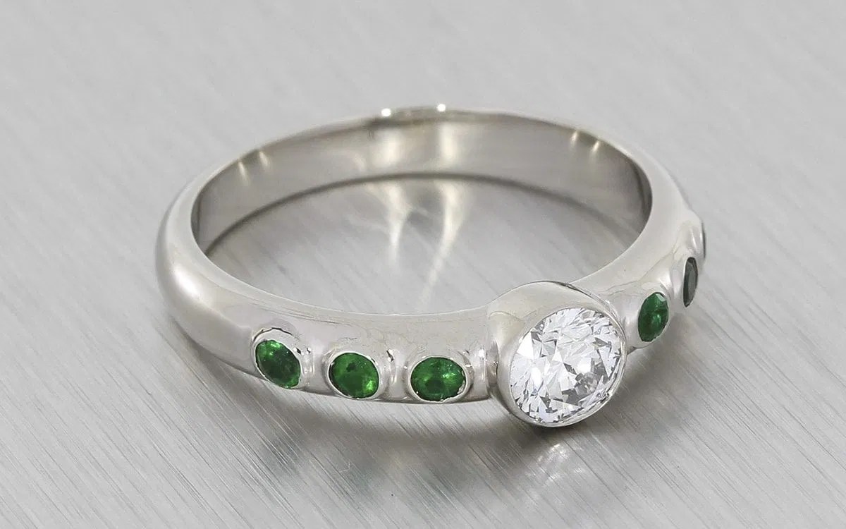 Contemporary, BezelSet, Diamond and Emerald Engagement Ring