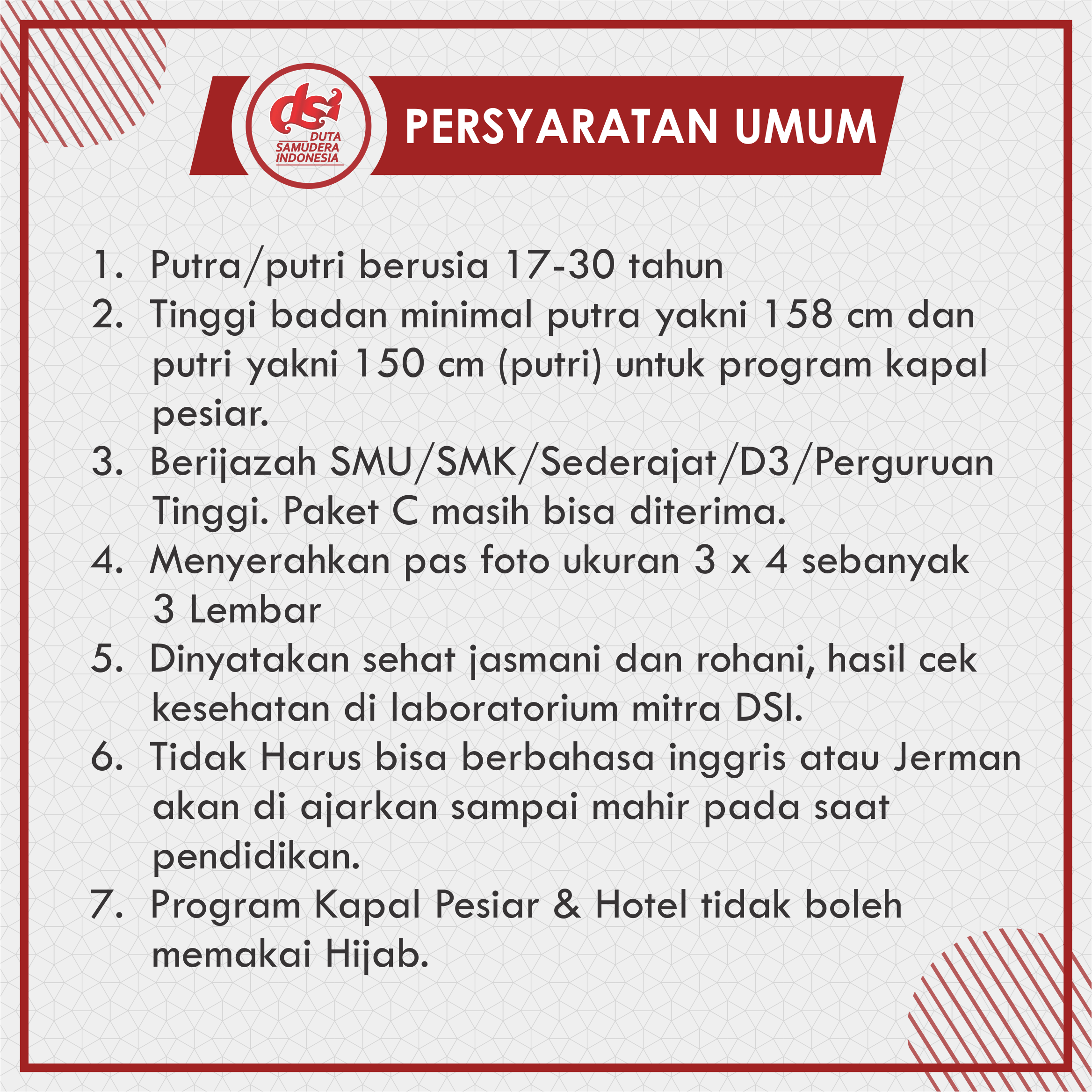 Persyaratan DUTA SAMUDERA INDONESIA