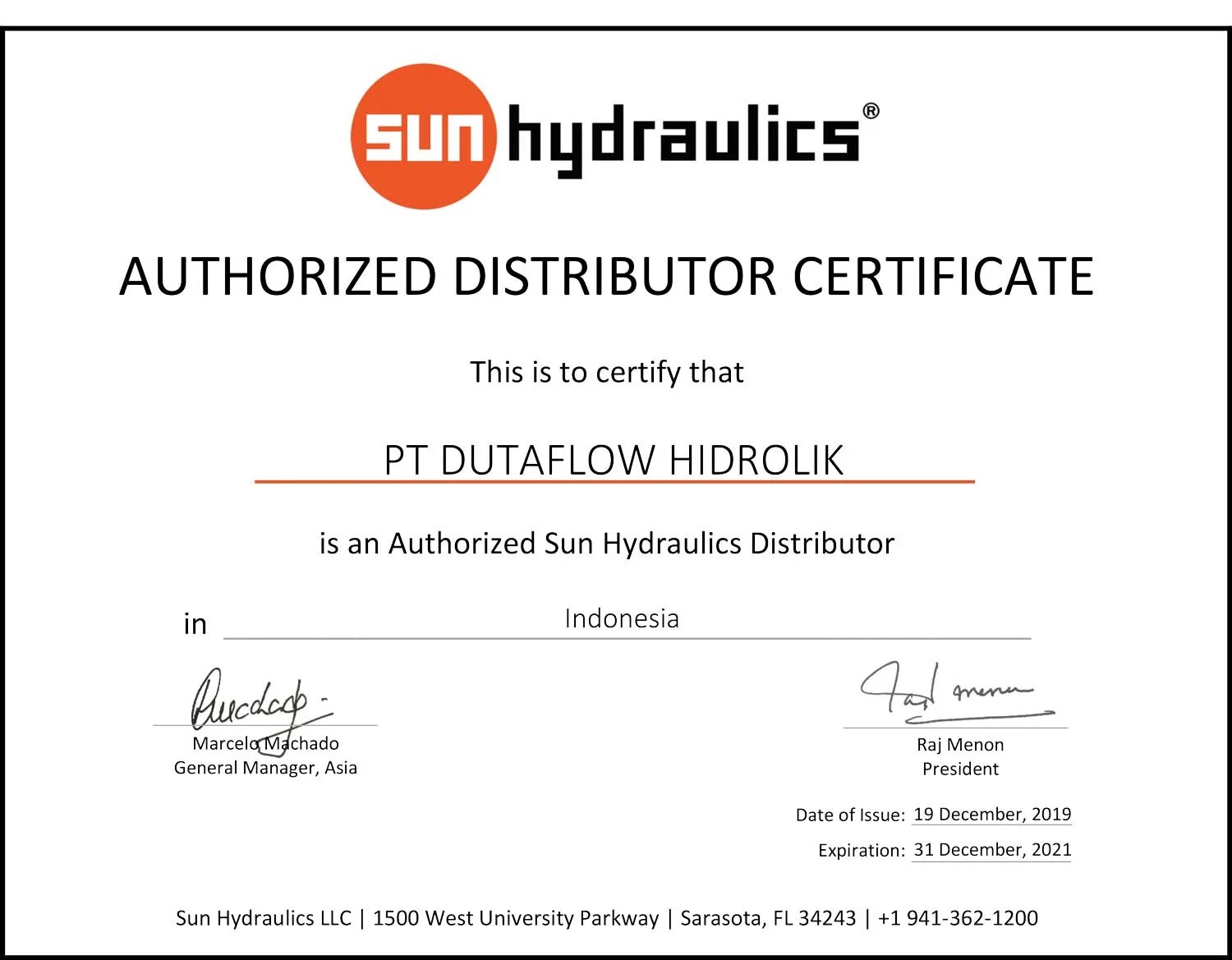 CERTIFICATE Dutaflow Hydrolik