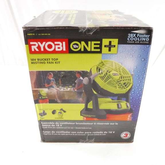 Ryobi 18-Volt One+ Bucket Top Misting Fan with Extra Lithium Battery