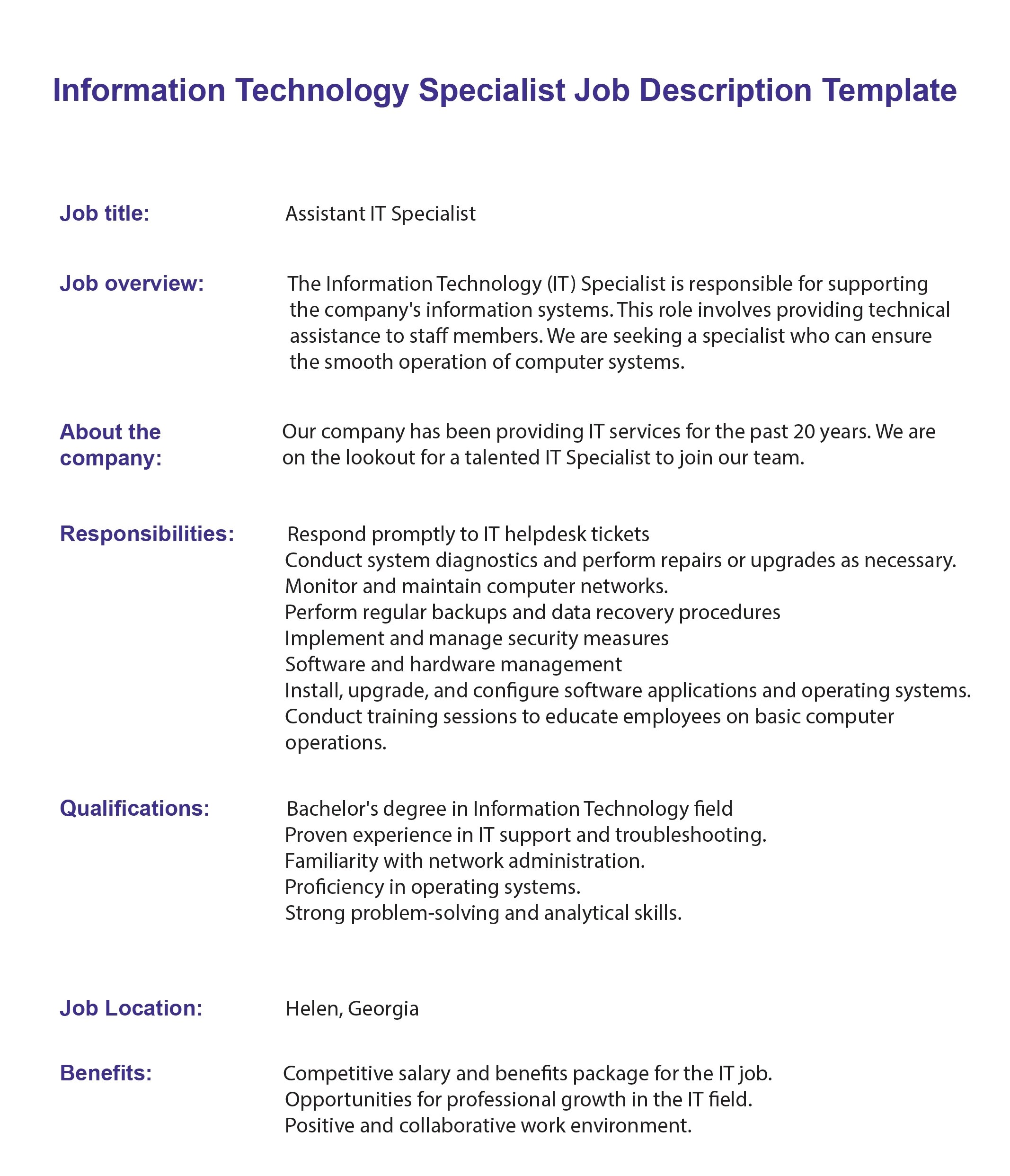 Information Technology Specialist Job Description 2024