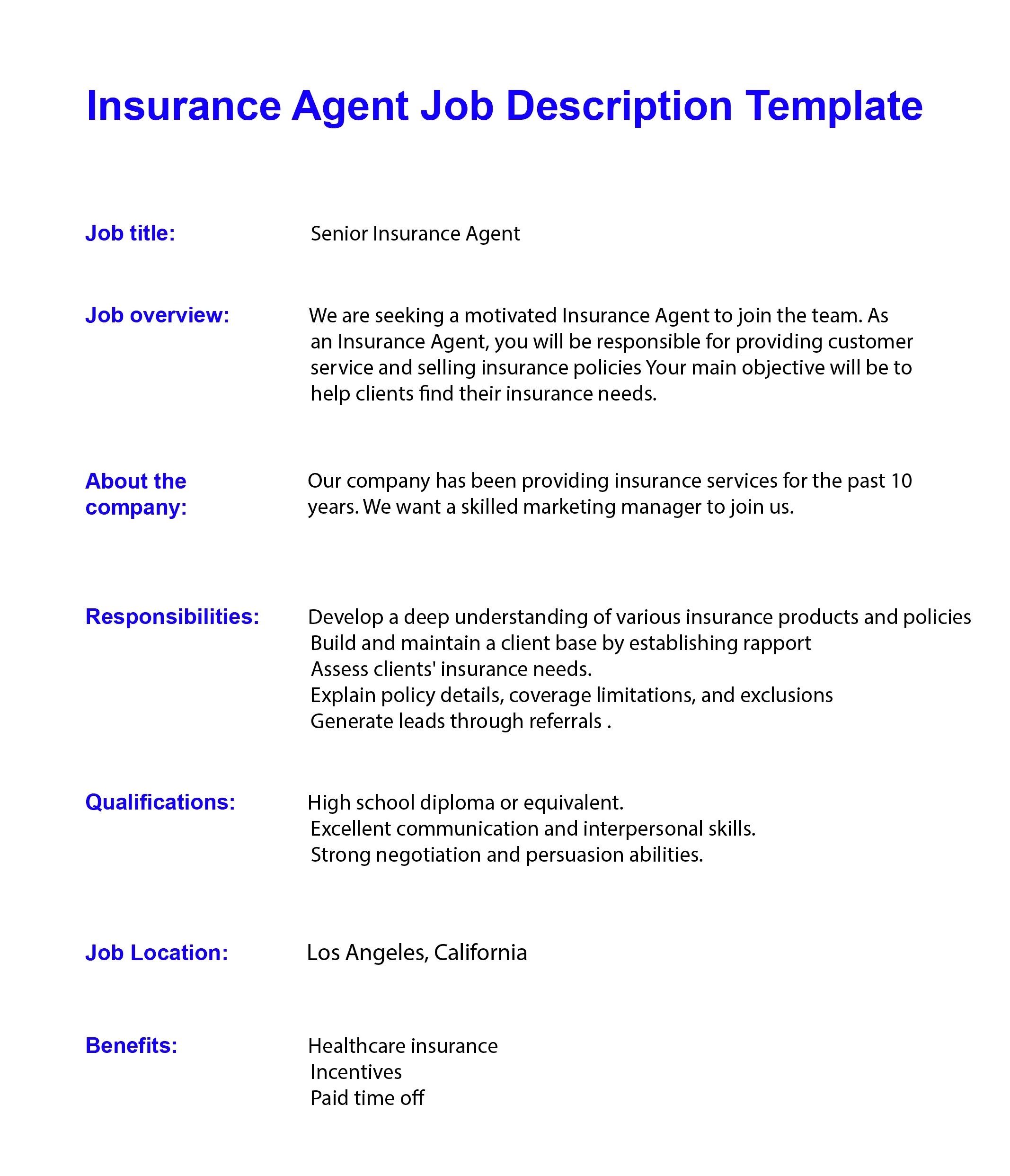 Insurance Agent Job Description Template for 2024