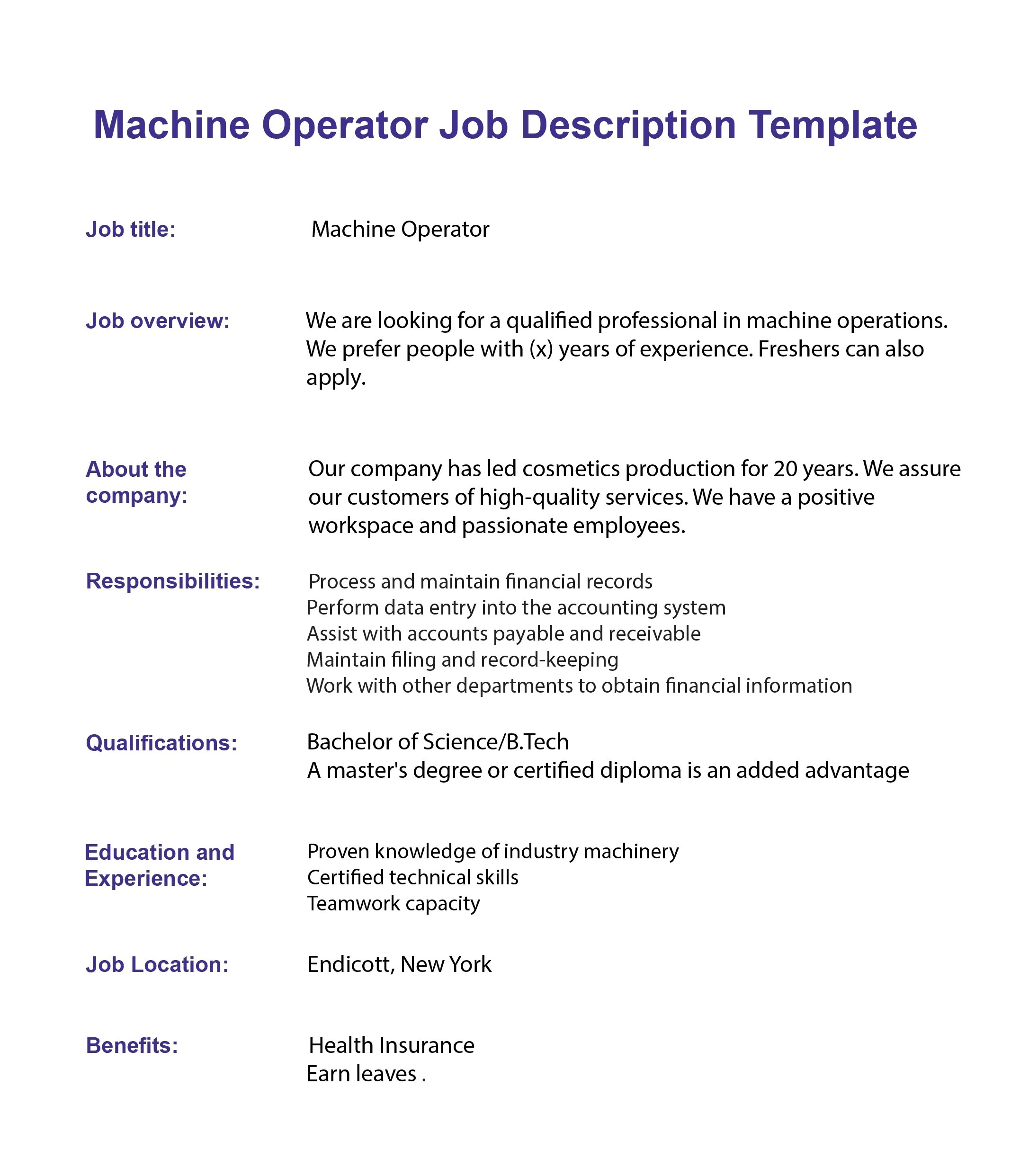 Machine Operator Job Description for Resume Template 2024