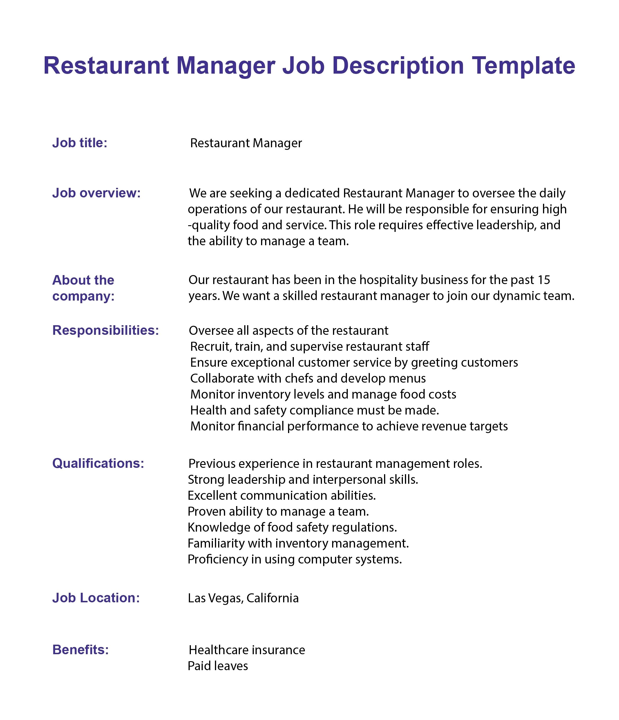 Restaurant Manager Job Description Sample Template 2024