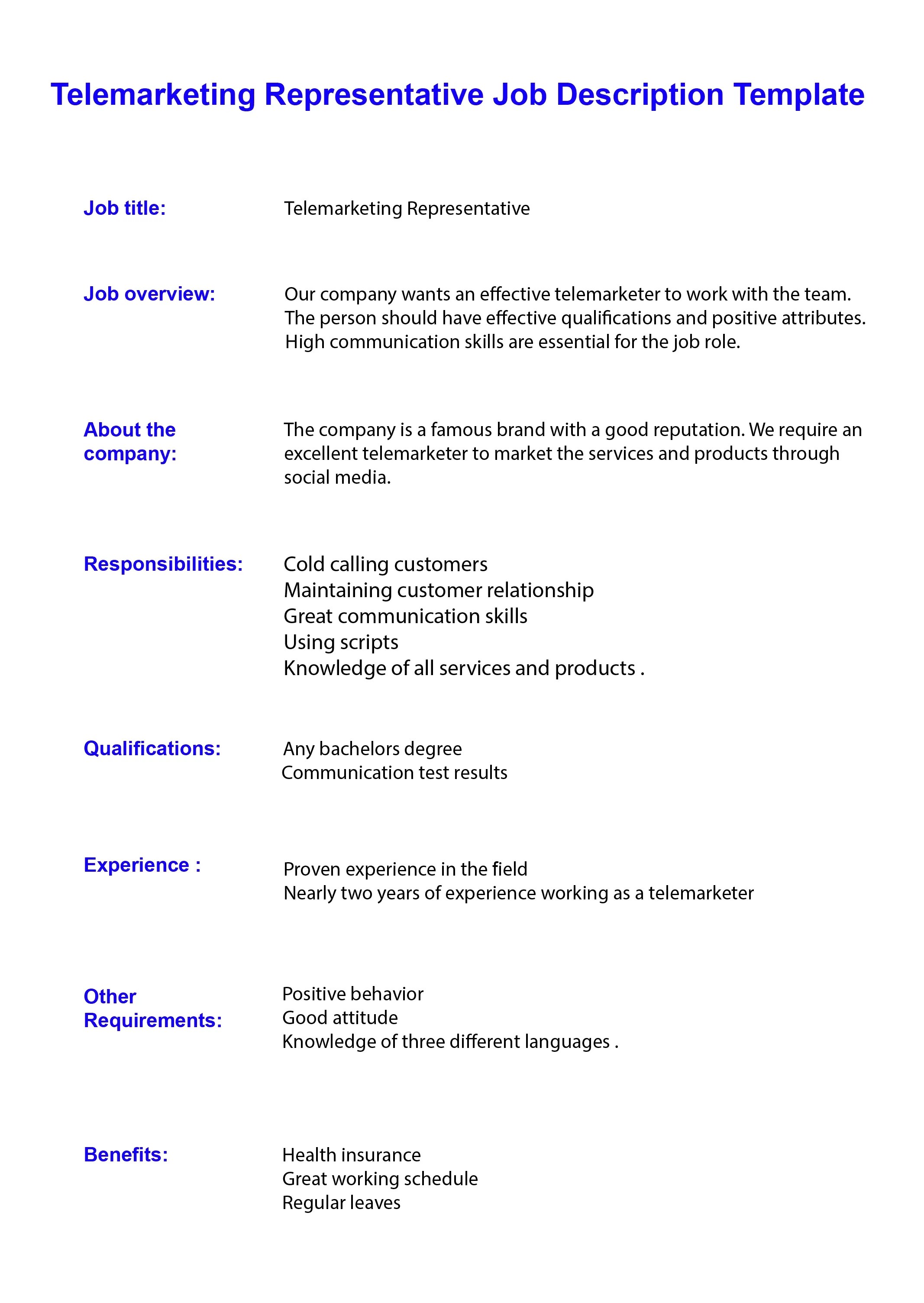 Telemarketer Representative Job Description Template 2024
