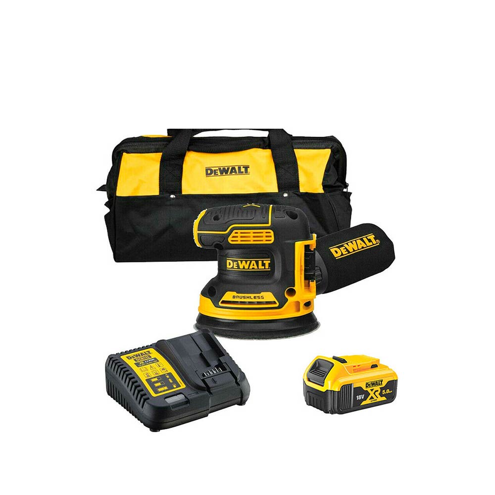 DeWalt DCW210P1 Cordless 18V Brushless 125mm Orbit Sander With 5Ah Battery, Charger And Bag