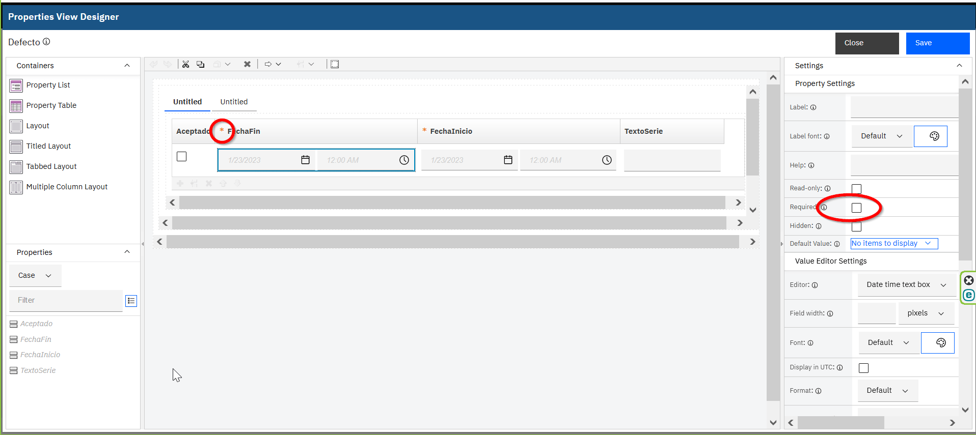 BAW Property Table show Dates as Mandatory Fields BPM, Workflow