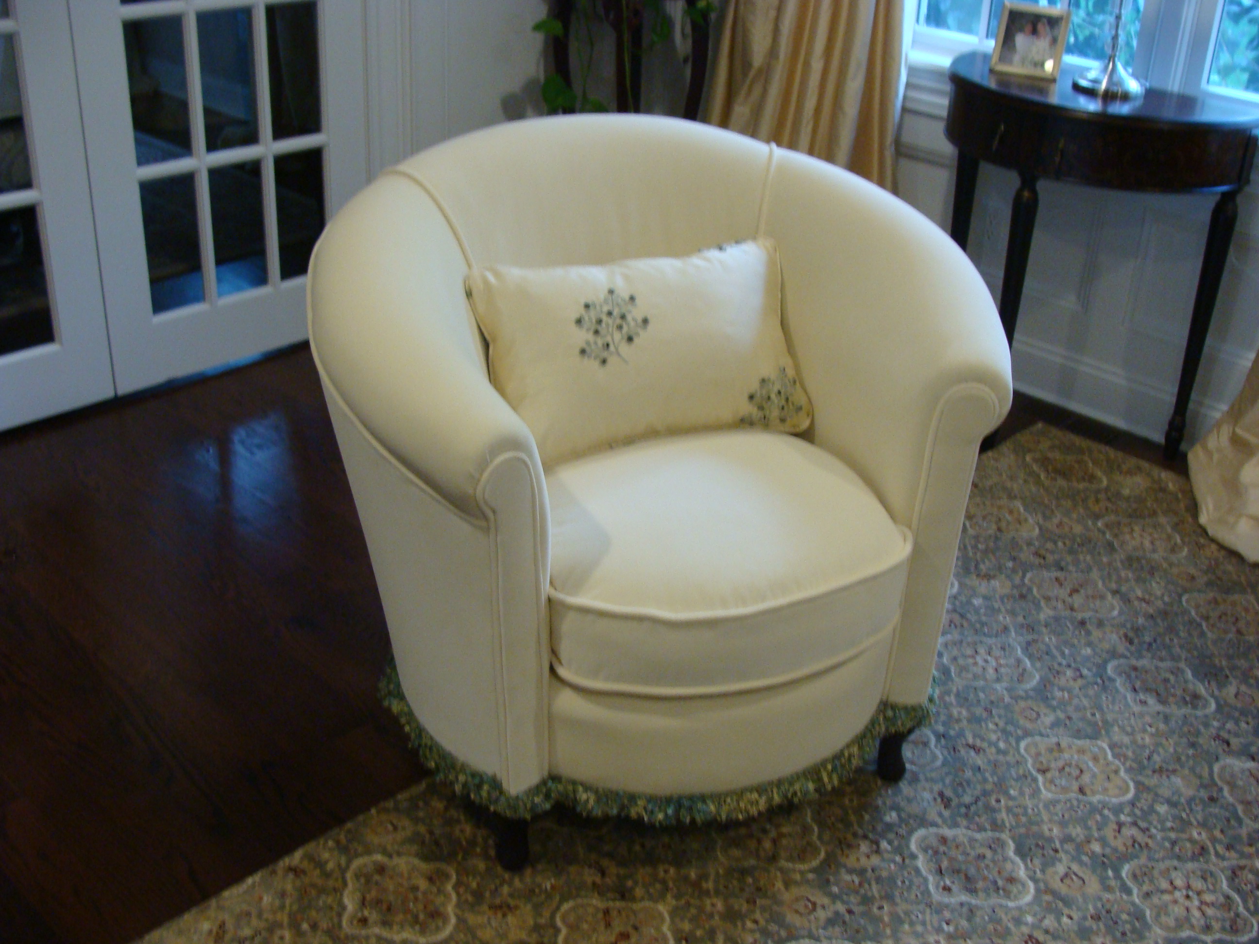 Reupholstered Barrel Chair, Donghia Fabric Dream Windows & Interiors LLC