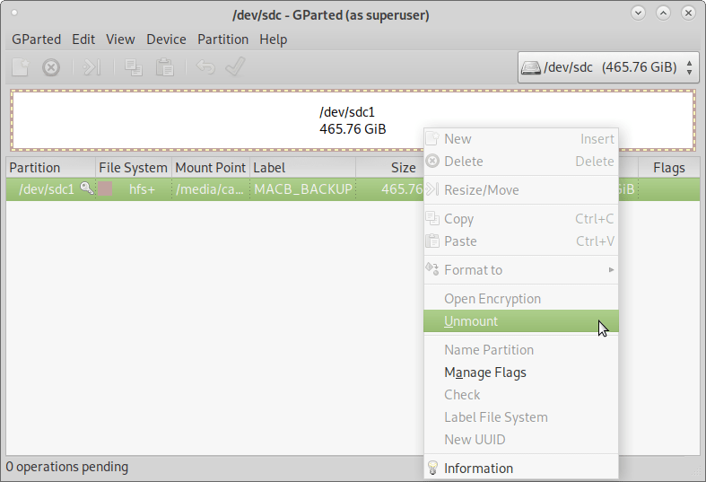 » GNU Linux howto create mac partition hfs+ with gparted greyed out