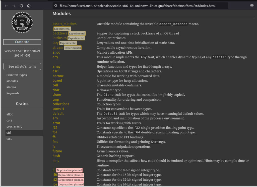 » Rust Dev Lang how to view onboard html based documentation (man